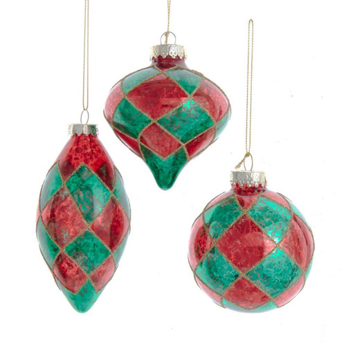 80MM Glass Green & Red Ball, Onion & Teardrop Shaped Ornaments, 3-Piece Box