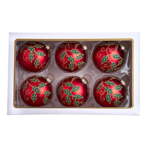 80MM Glass Red Ball With Holly and Berries Ornaments, 6 Piece Box