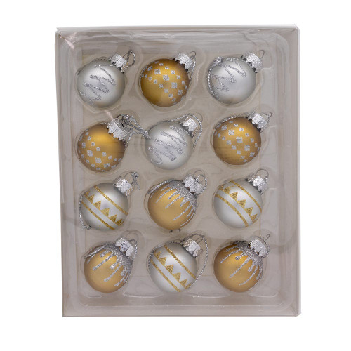 25MM Miniature Glass Gold & Silver Ball Ornaments, 12 Piece Box
