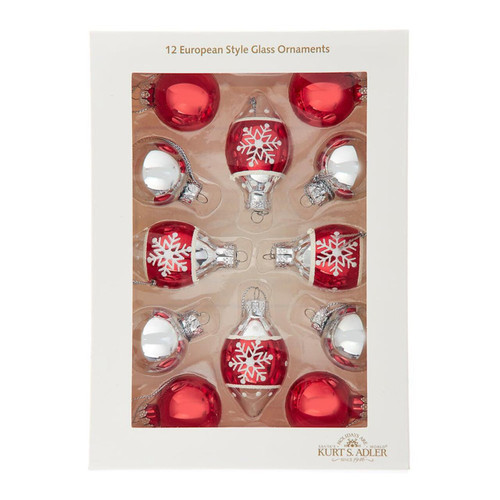 35MM Glass Red & Silver With Snowflake Teardrop & Ball Ornaments, 12-Piece Box