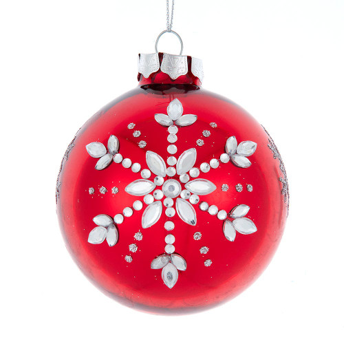80MM Glass Shiny Red With Silver Snowflake Ball Ornaments, 6-Piece Box