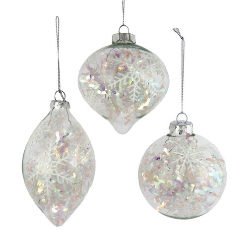 90MM Glass Iridescent Snowflake Ball, Finial and Onion Ornaments, 3-Piece Box