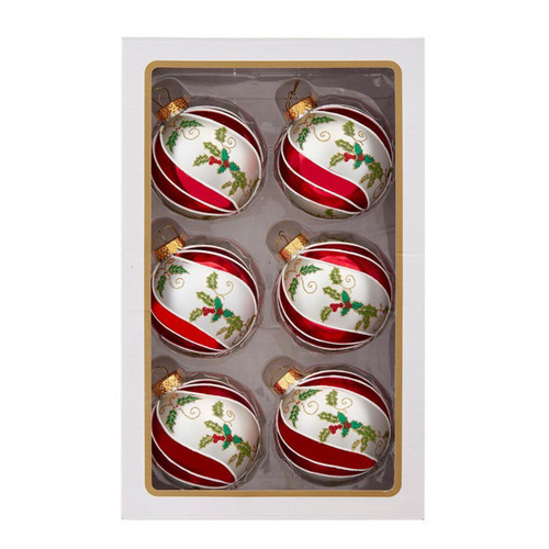 80MM Glass Red, White & Green Holly Berry Ball Ornament, 6-Piece Box