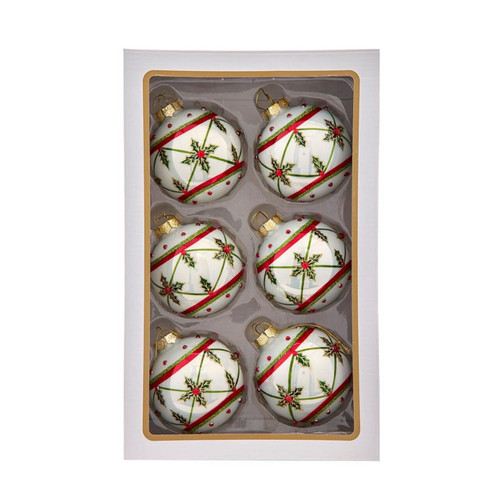 80MM Glass White, Red & Green Holly Berry Ball Ornaments, 6-Piece Box