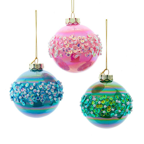 80MM Glass Pink, Blue & Green Glittered Ball Ornaments, 6-Piece Box