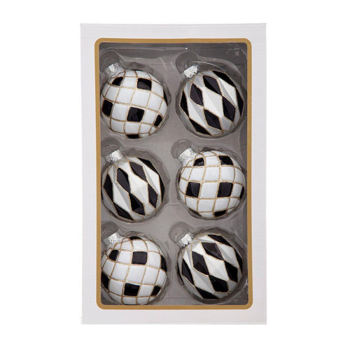 80MM Glass Black, White & Gold Checkered Ball Ornaments, 6-Piece Box