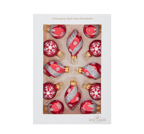 35MM Glass Red & Silver Snowflake Ball & Finial Ornaments, 12-Piece Box
