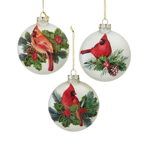 100MM Glass Cardinal With Holly Berry Flat Ball Ornaments, 3-Piece Box