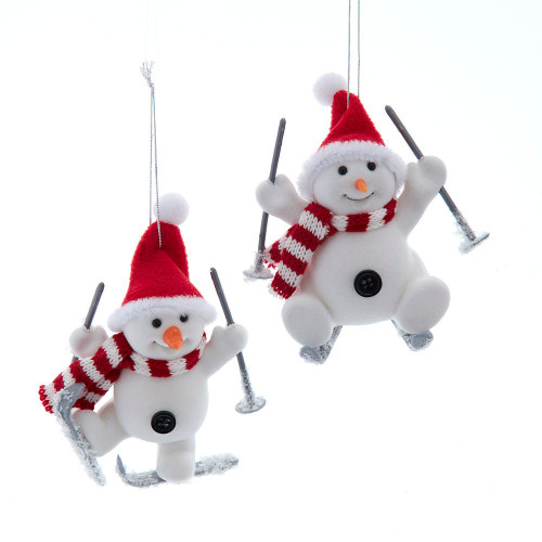 Flocked Skiing Snowman Ornaments, 2 Assorted