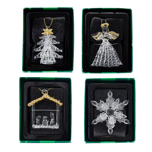 Glass Clear & Gold Ornaments Snowflake, Angel, Tree & Nativity, 3 Assorted