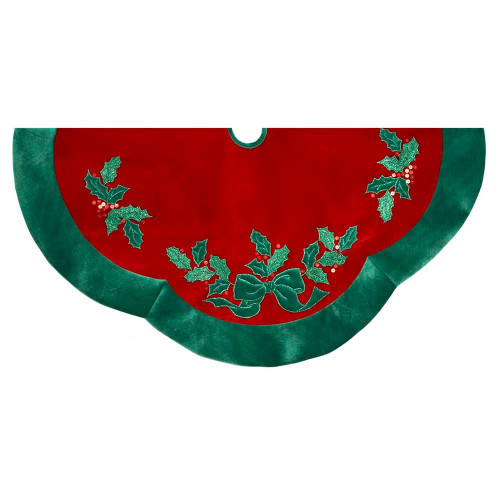 48“ Red With Green Leaves Applique Velvet Tree Skirt