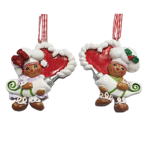 Gingerbread Boy & Girl With Frosting Heart Ornaments For Personalization, 2 Assorted