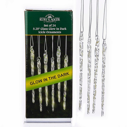 Glow In The Dark Glass Icicle Ornaments, 24-Piece Box