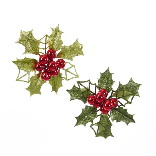 Glitter Holly Leaves With Berry Clip-On Ornaments, 2 Assorted