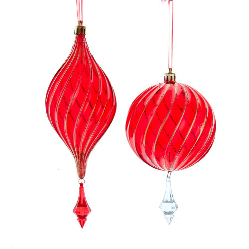 Red Ball & Finial With Gems Ornaments, 2 Assorted