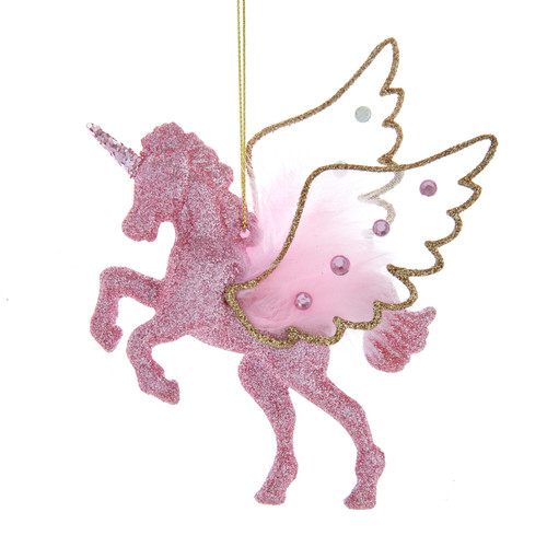 Pink Glittered Unicorn With Gold Glittered Wings Ornament