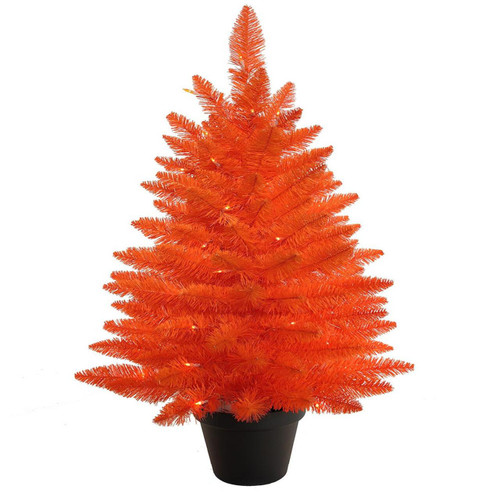 3' Battery Operated Pre-Lit Halloween Orange Potted Tree With Orange LED Lights