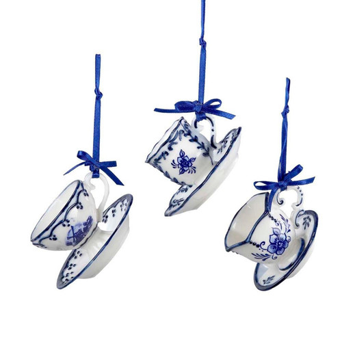 Delft Blue Cup and Saucer Ornaments, 3 Assorted