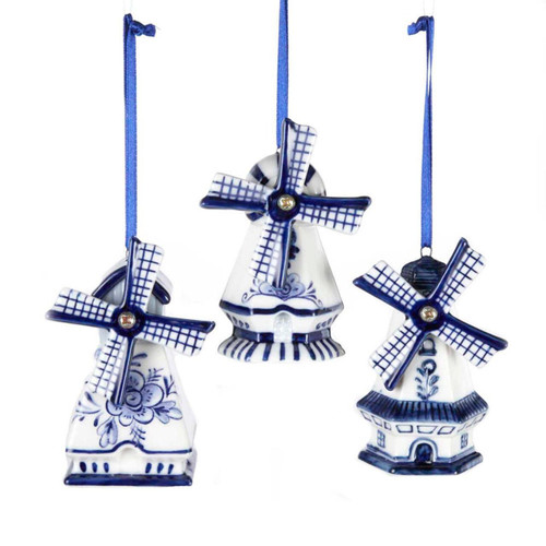 Delft Blue Windmill Ornaments, 3 Assorted