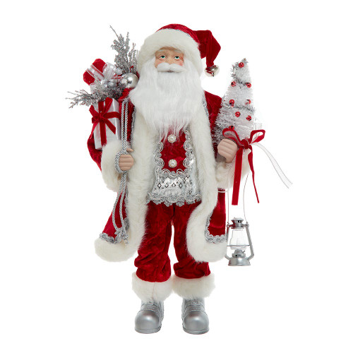 18“ White & Silver Santa Holding Gift Bag, Tree & Lantern