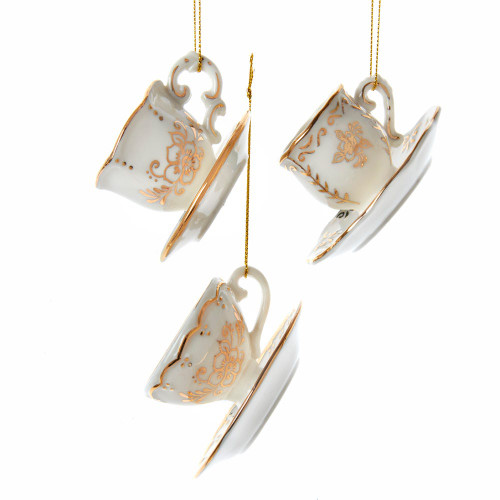 Jeweled White and Gold Teacup Ornaments, 3 Assorted