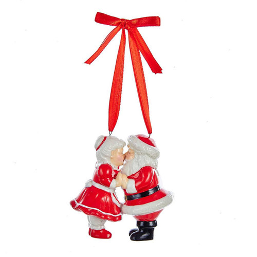 Porcelain Kissing Santa and Mrs. Claus With Red Ribbon Hanger Ornament