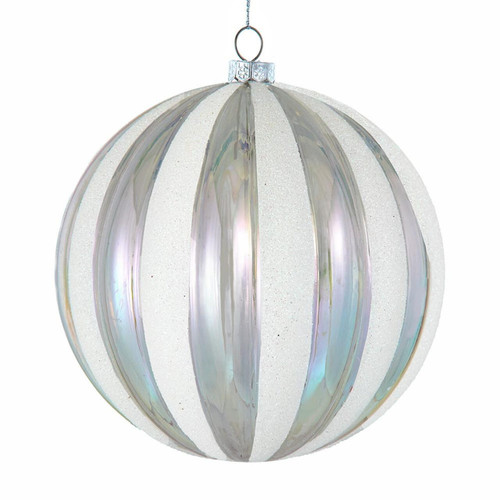 100MM Plastic Iridescent & Glittered Clear White Stripe Ball Ornament