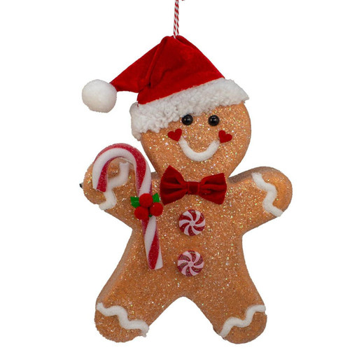 Gingerbread With Candy Cane & Santa Hat Ornament