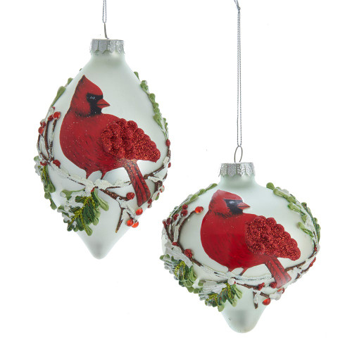 Cardinal Pattern Onion and Tear Drop Glass Ornaments, 2 Assorted