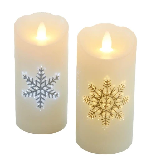 6“ Battery Operated Fiber-Optic Snowflake Wax Candles, 2 Assorted