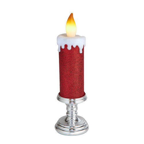 13.75“ Battery Operated Red Glittered Candle With Warm White LED Flicker Flame