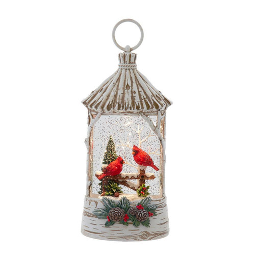 10.87“ Battery Operated USB LED Lighted Lantern With Cardinals & Spinning Glitter Water