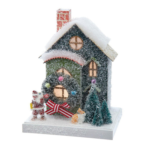 7.5“ Battery Operated LED Lighted Green Paper House Table Piece