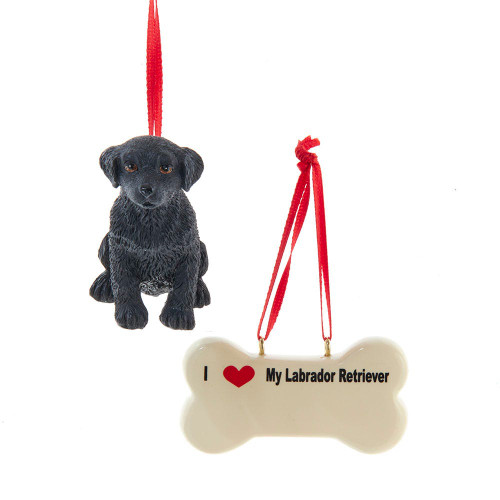 Black Labrador Retriever With Dog Bone Ornaments For Personalization, 2-Piece Set