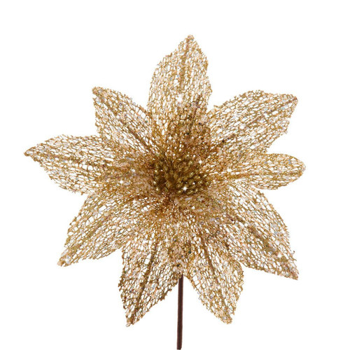 Gold Glittered Sequin Poinsettia Pick