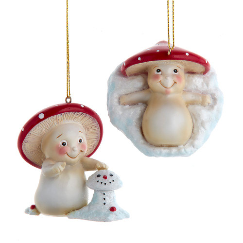 Merry Little Mushroom Having Fun In Snow Ornaments, 2 Assorted