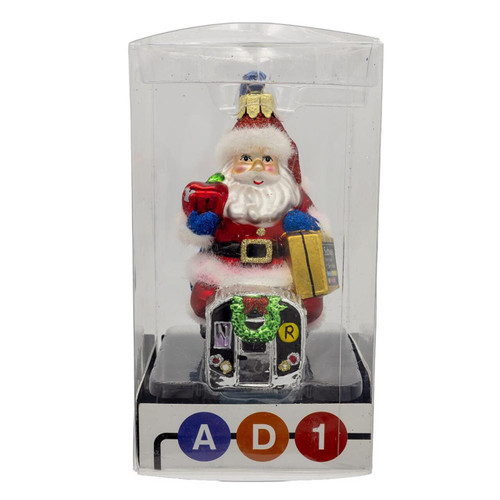 MTA NYC Transit Glass Santa Riding Subway Car Ornament
