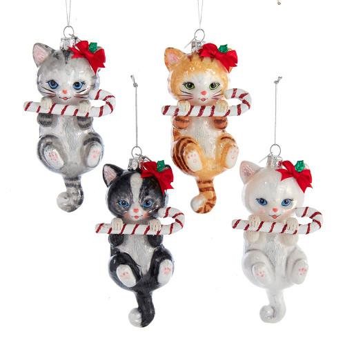 Noble Gems™ Glass Cat With Candy Cane Ornaments, 4 Assorted