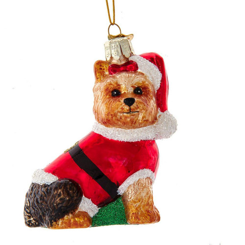 Noble Gems™ Glass Yorkshire Terrier With Santa Suit Ornament