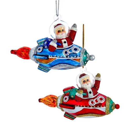 Noble Gems™ Glass Santa In Rocket Ship Ornament