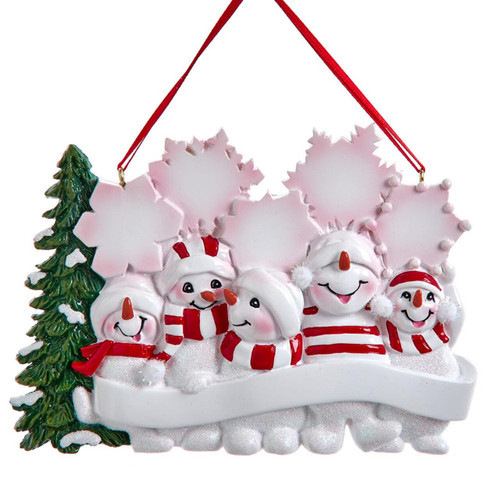 Snowman Family Of 5 With Snowy Christmas Tree & Snowflakes Ornament For Personalization