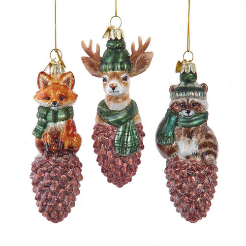 Noble Gems™ Glass Animals With Scarf On Pinecone Ornaments, 3 Assorted