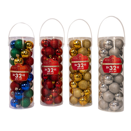 50MM Miniature Shatterproof Shiny and Glitter Ball Ornaments, 32 Piece Box