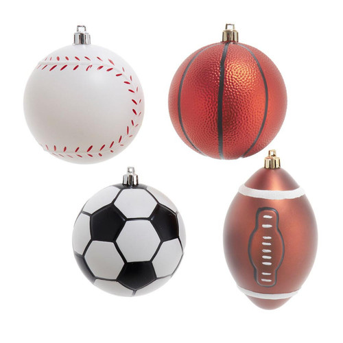 100MM Shatterproof Sports Ball Ornaments, 4 Assorted, 4-Piece Box