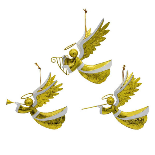 Gold Flying Angel With Instrument Ornaments, 3 Assorted