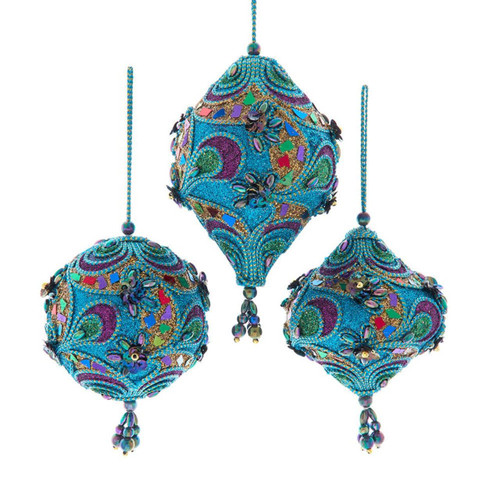 Peacock Finial & Ball Ornaments, 3 Assorted