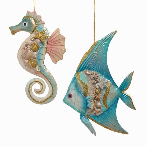 Tin Seahorse & Bannerfish Ornaments, 2 Assorted