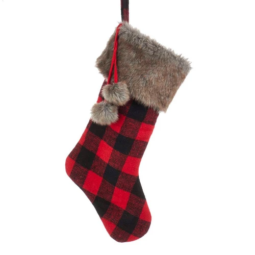 Red and Black Plaid Stocking With Brown Faux Fur Cuff and Pom-Poms