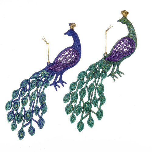 Glitter Peacock Ornaments, 2 Assorted
