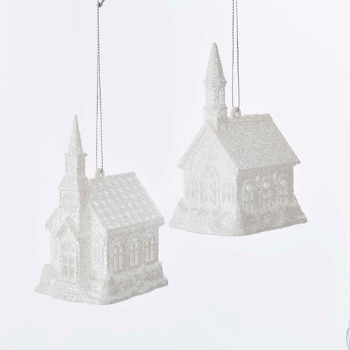 White Glitter Church Lighted LED Ornaments, 2 Assorted